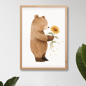 Ilustración de la acuarela Flor del oso del bebé | Osito con girasoles |  Descargar ilustración | Arte para Niños (JPG/PNG)