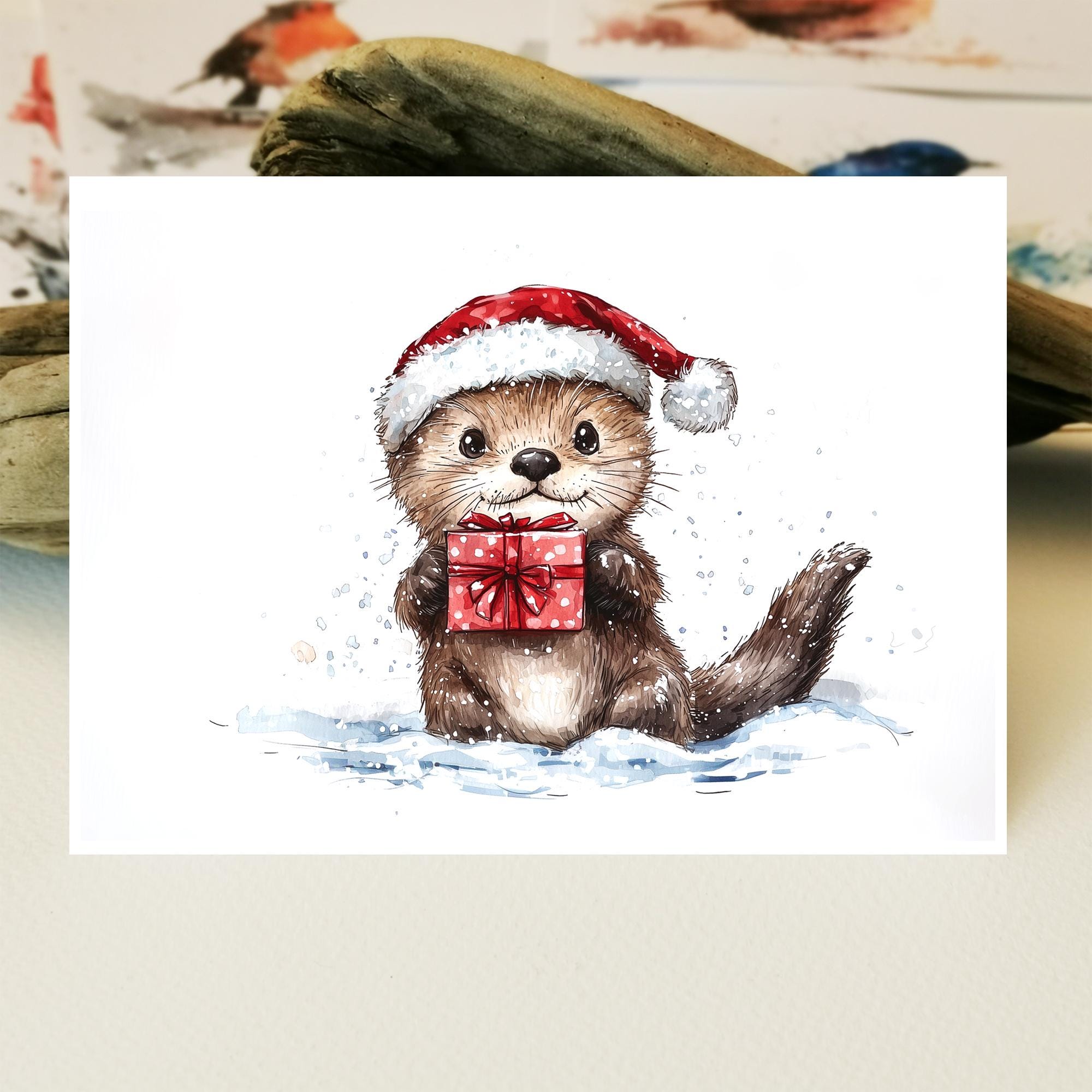 Otter Weihnachtskarte Mit Weihnachtsmannmütze – Personalisierbar, A5, Inklusive Umschlag Für Individuelle Grüße