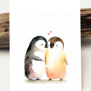 Watercolor card | Loving penguin couple postcard for Valentine's Day I I love you I I love you I greeting cards I friendship card