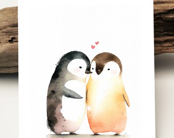 Watercolor Card | Loving Penguin Couple Postcard for Valentine's Day | I love you | Greeting Cards | Friendship Card