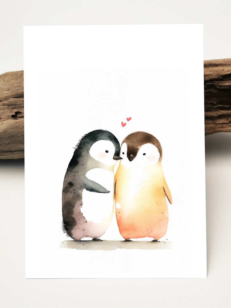 Aquarell Karte Liebevolle Pinguin Paar Postkarte zum Valentinstag I I