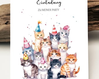 Einladungskarten Kindergeburtstag | Aquarell Katzen Karte | Happy Birthday | Kindergeburtstag Party Geburtstagskarte | Grußkarten Karten