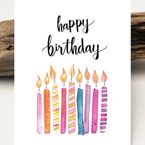 Carta acquerello Candele colorate di buon compleanno | Candele di compleanno per biglietti d'auguri | Biglietto d'auguri d'amore | Cartoline d'auguri