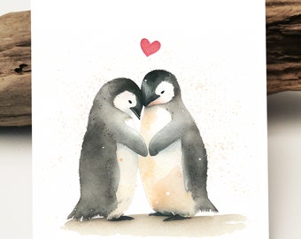 Watercolor card | Loving penguin couple postcard for Valentine's Day I I love you I I love you I greeting cards I friendship card