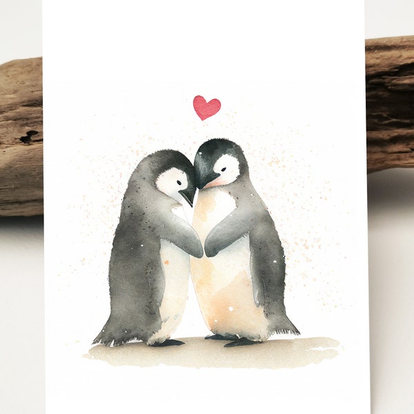 Aquarell Karte | Liebevolle Pinguin Paar Postkarte zum Valentinstag I I love you I Ich Liebe dich I Grußkarten I Freudschafts karte