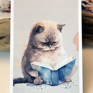 Pu&ograve; includere: Un dipinto ad acquerello di un gatto che legge un libro blu. Il gatto &egrave; seduto su uno sfondo grigio chiaro. Il gatto ha un'espressione seria sul viso.
