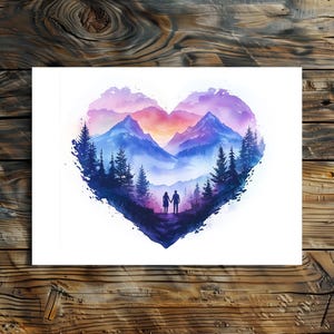 Romantisches Bergmotiv – Berge, Liebe, Wandern Aquarell-Wandbild oder Grußkarte mit wanderndem Paar im Herz, Geschenk für Paare, Wanddeko