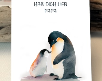Carte aquarelle | Carte postale pingouin aimant "Je t'aime papa" I Carte affiche pingouin fête des pères, je t'aime I cartes de voeux I pingouins