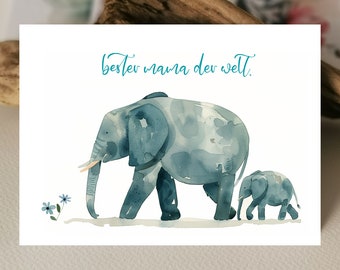 Carte aquarelle éléphant maman bébé | meilleure maman du monde carte postale | Carte d’amour mère | Carte d’anniversaire mère | Cartes de vœux