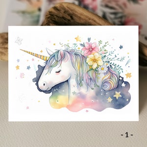 Carta acquerello | Buon compleanno unicorno | Biglietto d'auguri unicorno | Biglietto d'auguri per festa di compleanno per bambini | Cartoline d'auguri