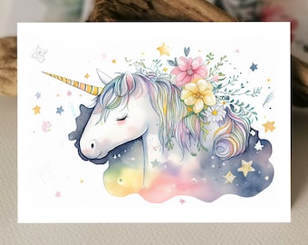 Aquarell Karte | Unicorn Happy Birthday | Geburtstagskarte Einhorn | Mädchen Kindergeburtstag Party Geburtstagskarte | Grußkarten Karten