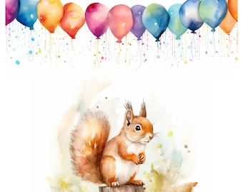 Biglietto acquerello scoiattolo con palloncino | Biglietto di compleanno scoiattolo | Amore scoiattolo | Biglietto scoiattolo | Biglietti di auguri