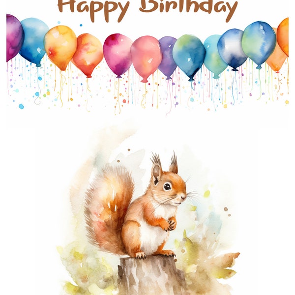 Ballon de bébé écureuil carte aquarelle | Écureuil de carte d’anniversaire | Amour d’écureuil | Carte écureuil | Cartes de vœux