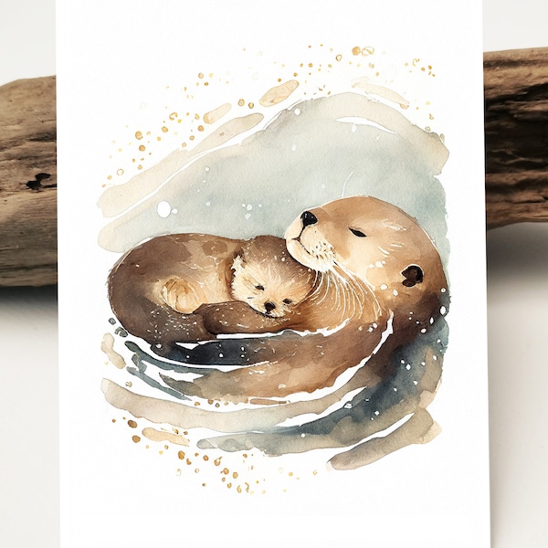 Watercolor Map Postcard | Loving Otter Mommy Baby | Postcard for Mother's Day I I love you I I love you I greeting cards