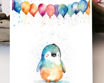 Watercolor card with a baby penguin and balloon | Birthday card with a baby penguin | Penguin love birthday card | Penguin card | Greeting cards