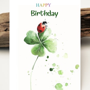 Carte aquarelle | Carte d'anniversaire coccinelle | Carte d’anniversaire coccinelle Shamrock | coccinelle sur feuille de trèfle | Cartes de vœux