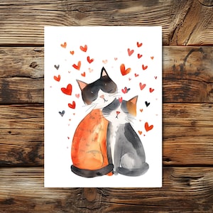 carte de chat mignonne | Carte postale Chat aimant I Chats aimants Aquarelle I Cartes de voeux I Carte Saint Valentin Je t'aime