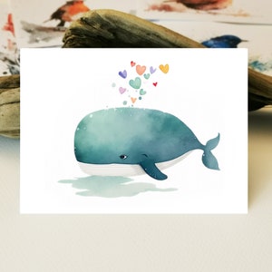 Whale Postkarte | Liebevolle Wal Postkarte I Wal mit Herzen I Whale Grußkarte I Whale Einladungskarte