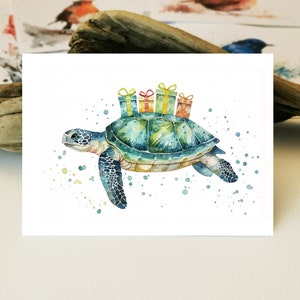 Cartão de aniversário de tartaruga em aquarela | Cartão de felicitações de tartaruga | Cartão de aniversário de amor de tartaruga marinha