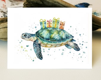 Carte aquarelle tortues pour anniversaire | Carte de voeux tortue | Carte d'anniversaire d'amour de tortue de mer