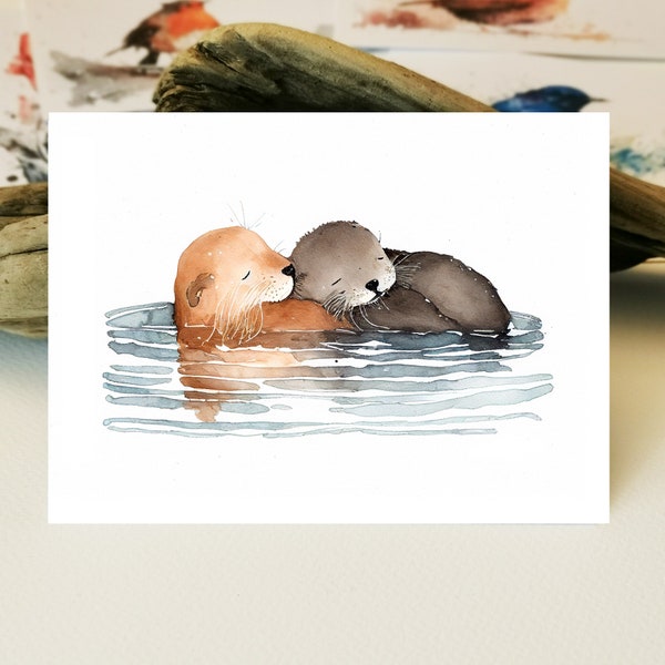 Aquarell Karte | Liebevolle Otter Paar Postkarte zum Valentinstag I I love you I Ich Liebe dich I Grußkarten I Freudschafts karte