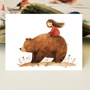 Carte postale d’ours | Carte postale ours aimant pour enfants I fille et ours I fille et ours cartes de vœux