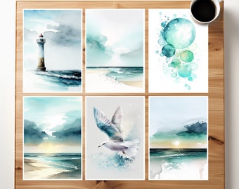 Set di 6 cartoline acquarellabili sul mare | Cartolina d'auguri | Cartoline sull'oceano | Cartoline sulla natura marina | Biglietti d'auguri
