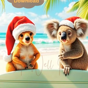 May include: Digital download image showing a kangaroo and a koala wearing Santa hats on a beach. The kangaroo and koala are sitting on a surfboard with the words "Merry Christmas" at the bottom. Palm trees and ocean in the background.