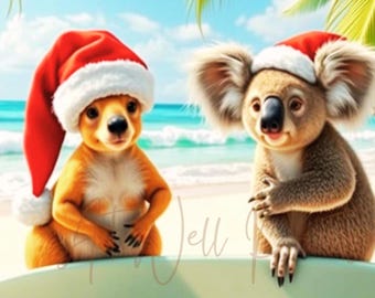 Aussie Christmas card with koala and kangaroo, Australian Christmas, themed greeting card, summer holiday card, summer tropical Christmas