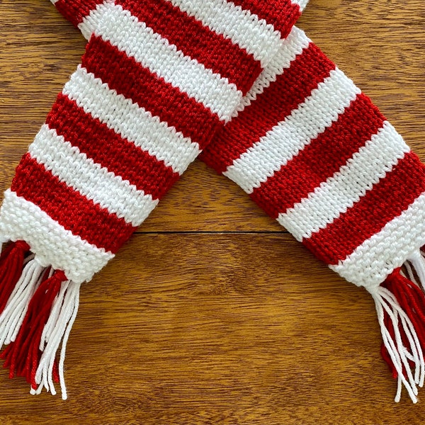 Red and White Hand-knit Christmas Candy Cane Scarf