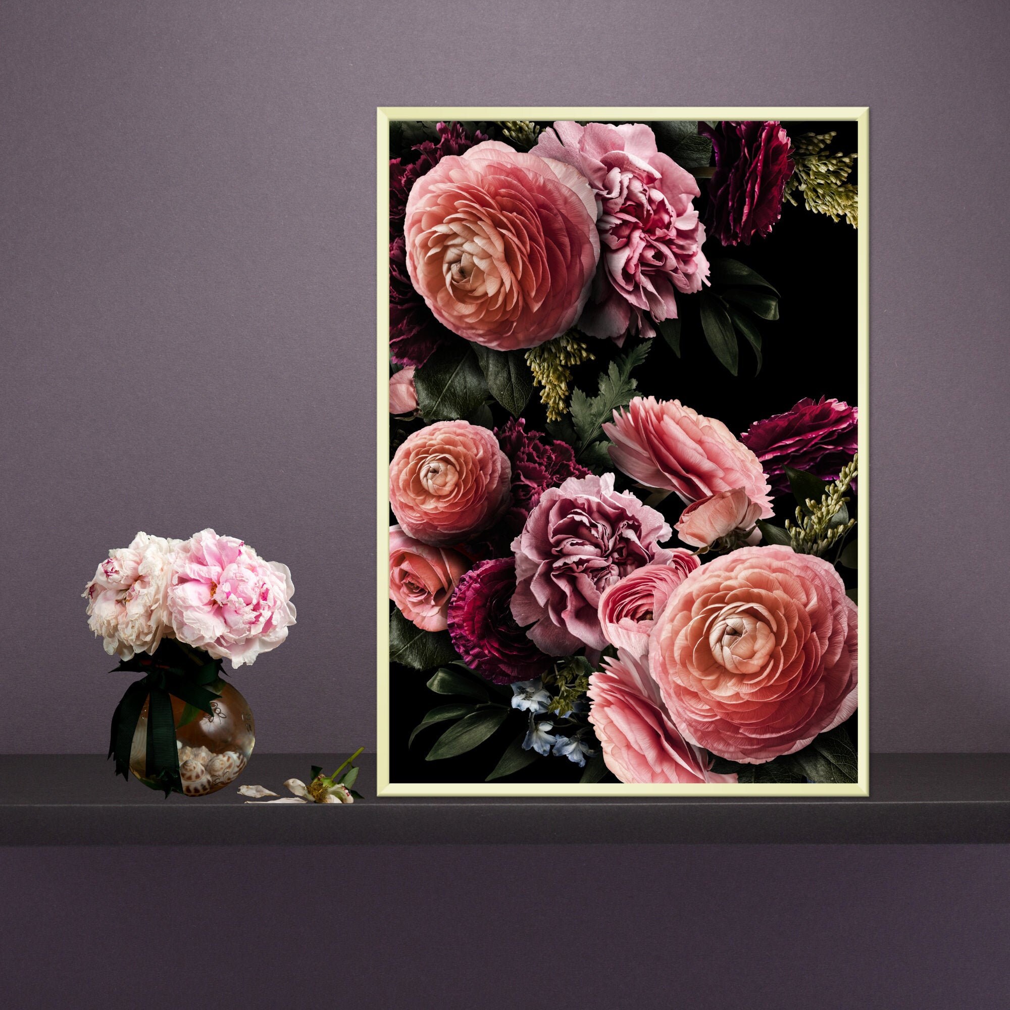 Pink Peony Gold Framed Print Wall Art Framed Print Bedroom Etsy