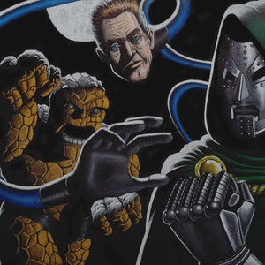 Fantastische Vier & Dr. Doom Zeichnung | Farbige Bleistifte auf Schwarzem Papier