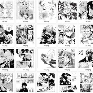 May include: Black and white manga comic book pages featuring a group of characters in a dramatic scene. The characters are drawn in a stylized anime style with detailed expressions and clothing. The pages are filled with action and dialogue.