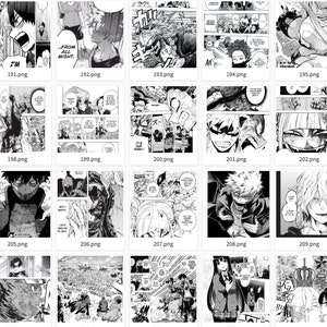 May include: Black and white manga comic book pages featuring a character with spiky hair and a determined expression. The character is wearing a dark shirt and pants. The pages are filled with action-packed scenes and dialogue.