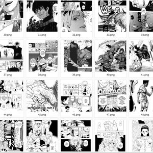 May include: Black and white manga comic book pages featuring a variety of characters and scenes. The pages are filled with detailed drawings and dialogue.