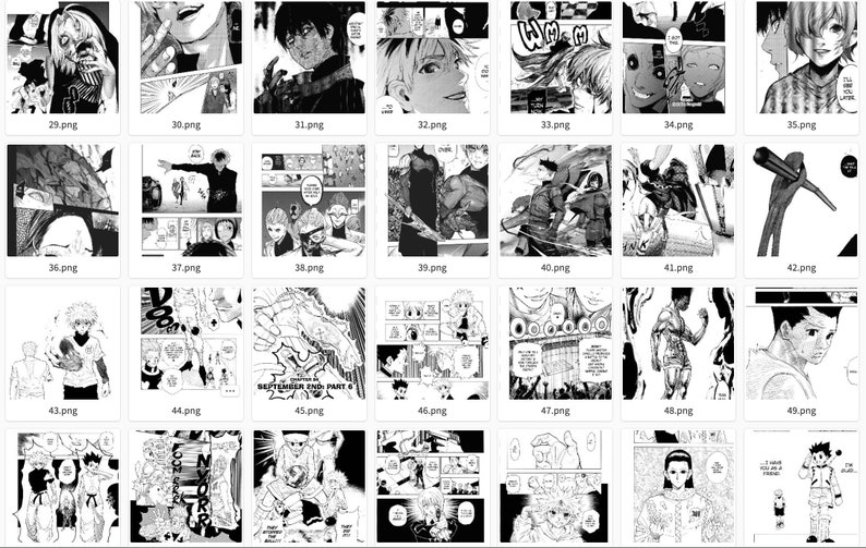 May include: Black and white manga comic book pages featuring a variety of characters and scenes. The pages are filled with detailed drawings and dialogue.