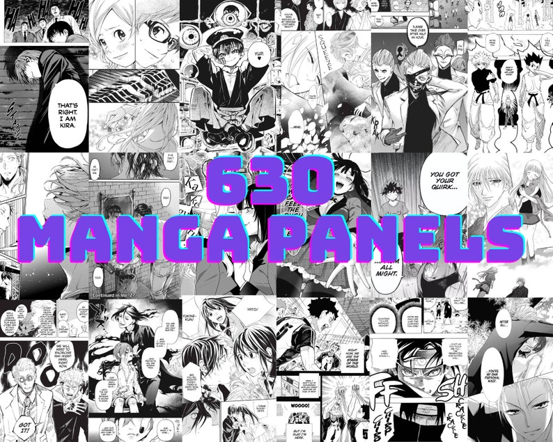 May include: A collage of 630 manga panels featuring characters from various series. The panels are in black and white with some color accents. The text "630 MANGA PANELS" is in large, bold, purple letters with a pink outline.
