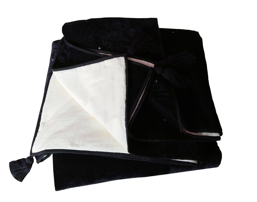 Black Throw Blanket, Velvet Throw Blanket, Blackstarry Hand Stitched