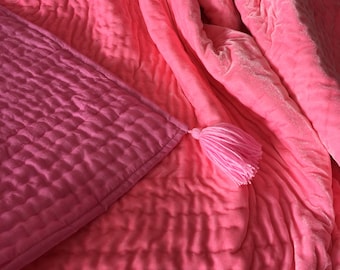 Hand Stitched Pink Velvet Quilt, Tassel Blanket, Luxury Bedspread