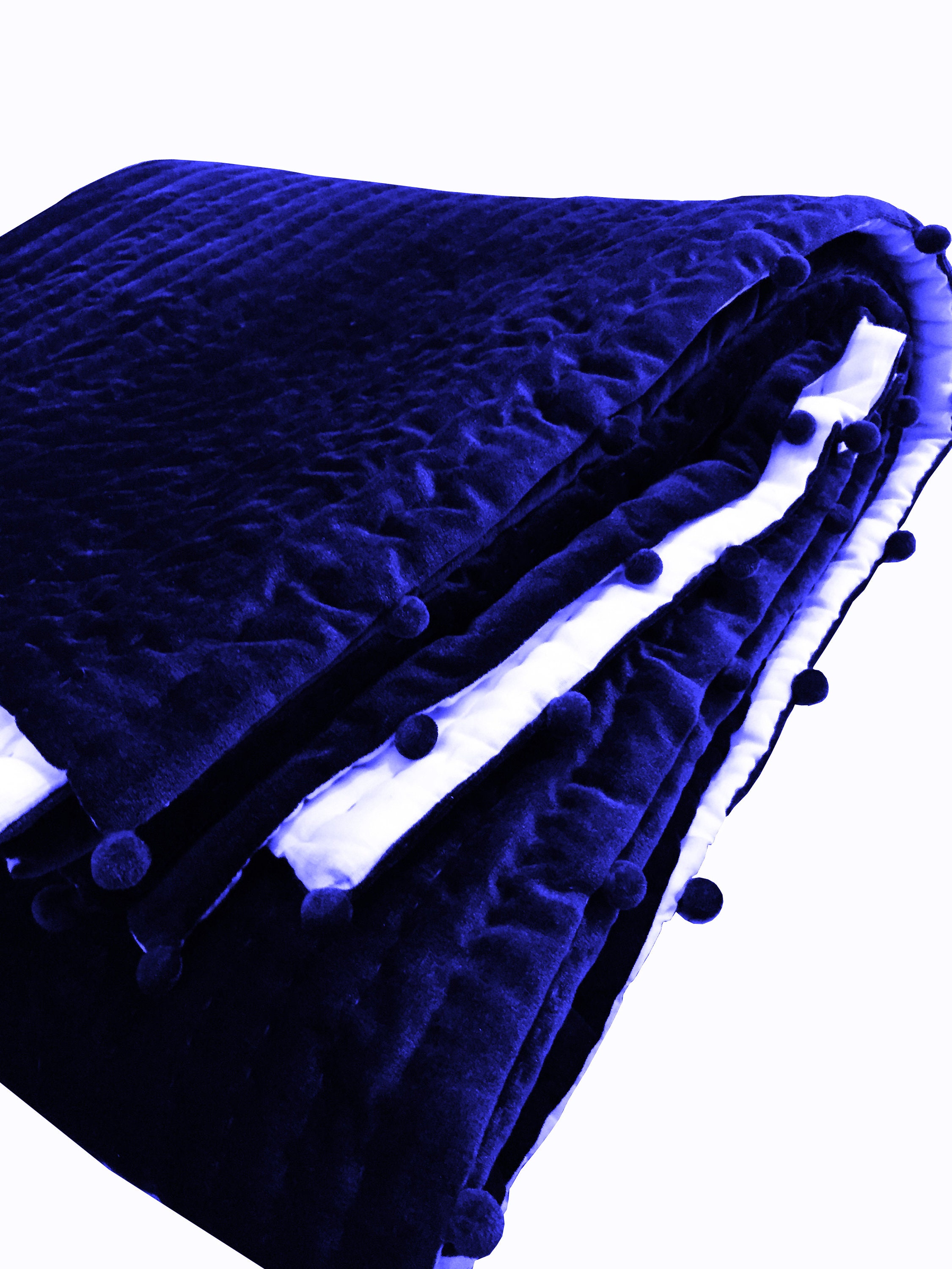 Navy Blue Velvet Pompom Quilt Comforter Blanket Bedspread King | Etsy
