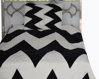 Edredón de terciopelo blanco y negro, juego de cama en zigzag, tamaño king