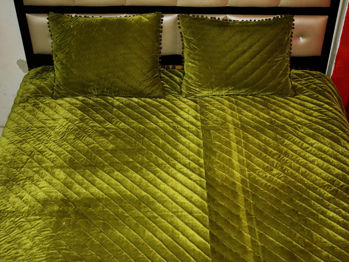 Olive Green Velvet Quilt King Comforter Bedspread Blankets Etsy
