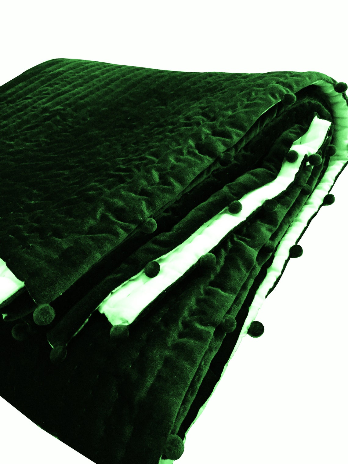 Emerald Green Velvet Pompom Quilt Comforter Blanket Bedspread Etsy
