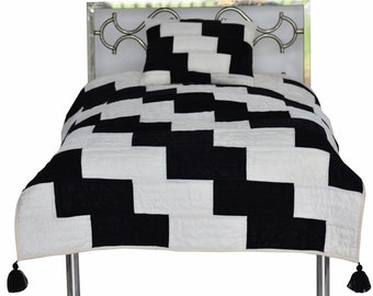 Edredón de terciopelo blanco y negro cosido a mano - Juego de cama tamaño king