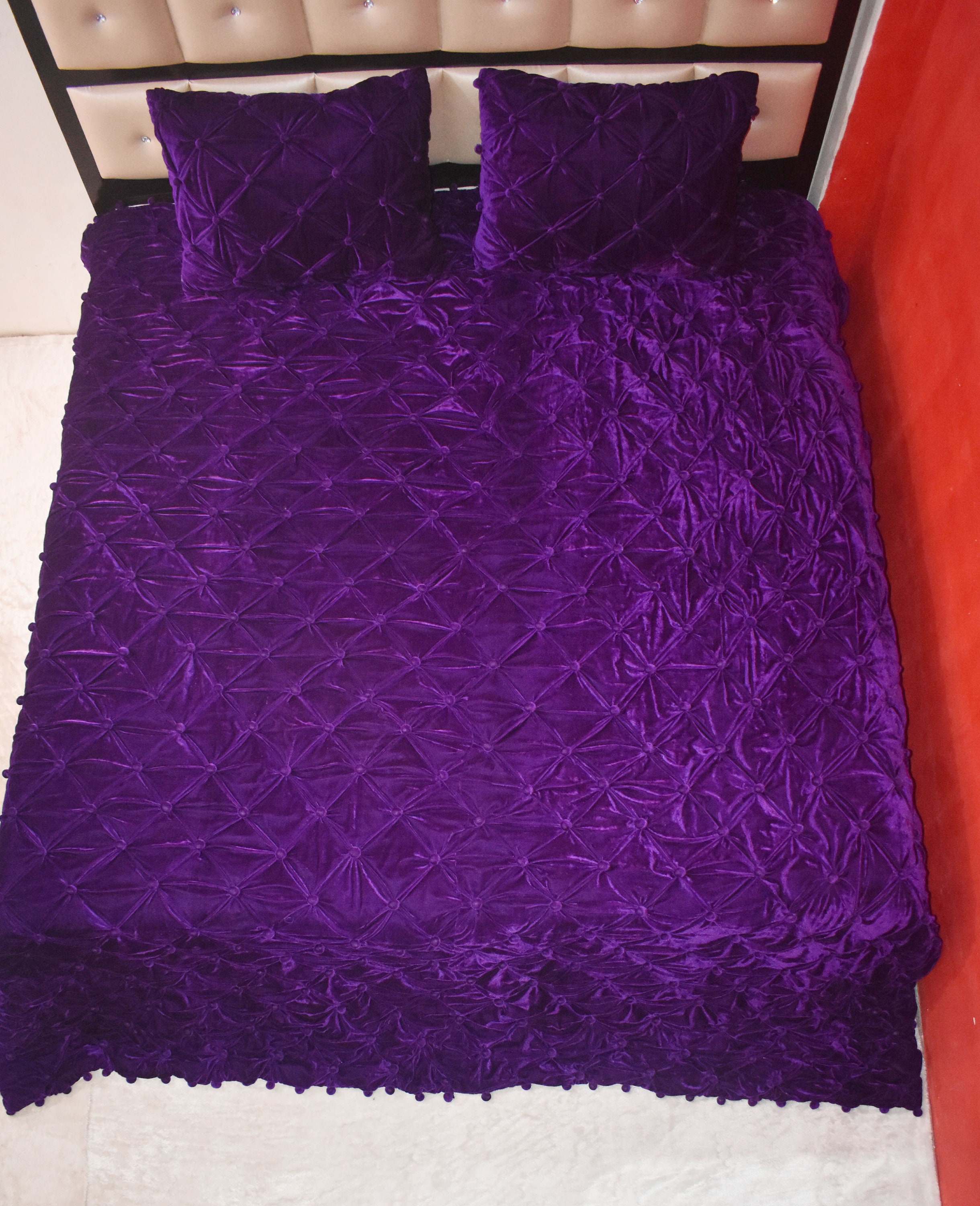 Purple Velvet Comforter Luxury Quilt, Queen King Quilt Wine Purple
