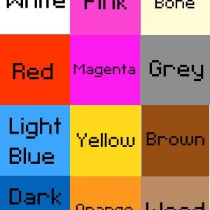 May include: A color palette featuring a grid of fifteen squares, each displaying a different color and its corresponding name in white text. Colors include black, white, red, light blue, dark blue, green, sakura, pink, magenta, yellow, orange, dark green, purple, bone, grey, brown, wood, and lemon.