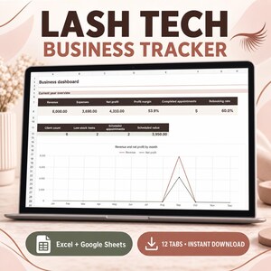 May include: A laptop screen displaying a Lash Tech Business Tracker spreadsheet with a business dashboard, revenue, expenses, net profit, and a monthly revenue and net profit line graph. The interface includes Excel and Google Sheets compatibility.