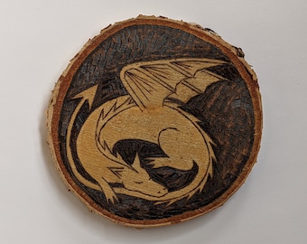 Dragon coaster pyrographed by hand. Personalise with any message e.g. mother's day, father's day, birthday. Natural wood. Custom gift.