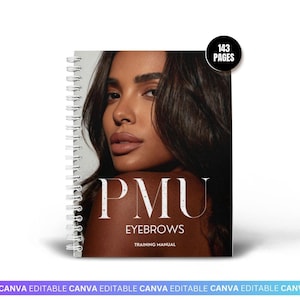 May include: A spiral-bound training manual titled PMU EYEBROWS with a cover featuring a portrait of a person with dark hair. A circular black badge in the top right corner displays the text 143 PAGES in white, bold, sans-serif lettering.