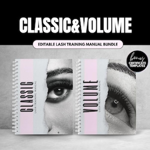 Könnte beinhalten: Zwei spiralgebundene Schulungshandbücher mit den Titeln CLASSIC LASH TRAINING MANUAL und VOLUME LASH TRAINING MANUAL. Die Einbände zeigen schwarz-weiße Nahaufnahmen von Augen mit Wimpernverlängerungen, rosa Akzente und ein Bonus-Zertifikat.